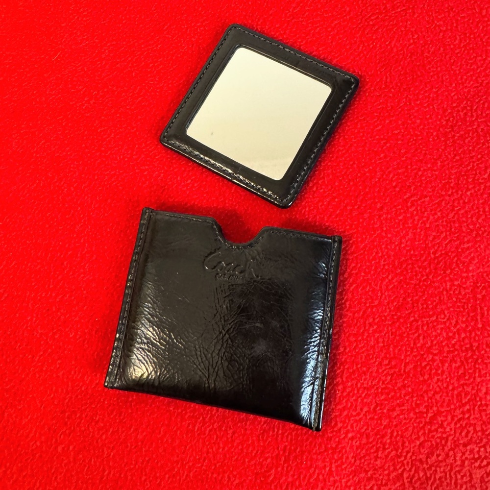 Vintage Coach black patent leather case leather trim personal mirror EUC